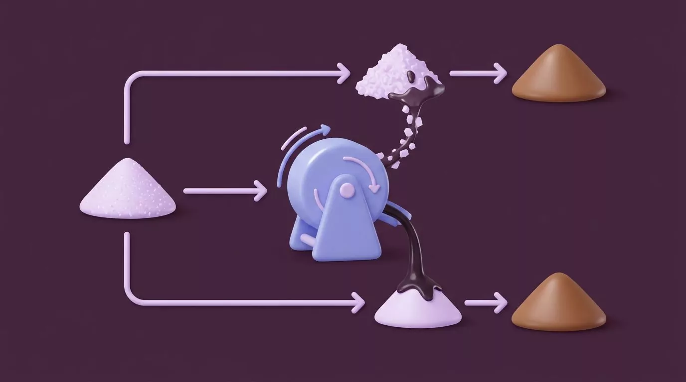 Flow diagram: cane juice enters a centrifuge, then two brown sugar routes branch off and end in identical brown sugar mounds