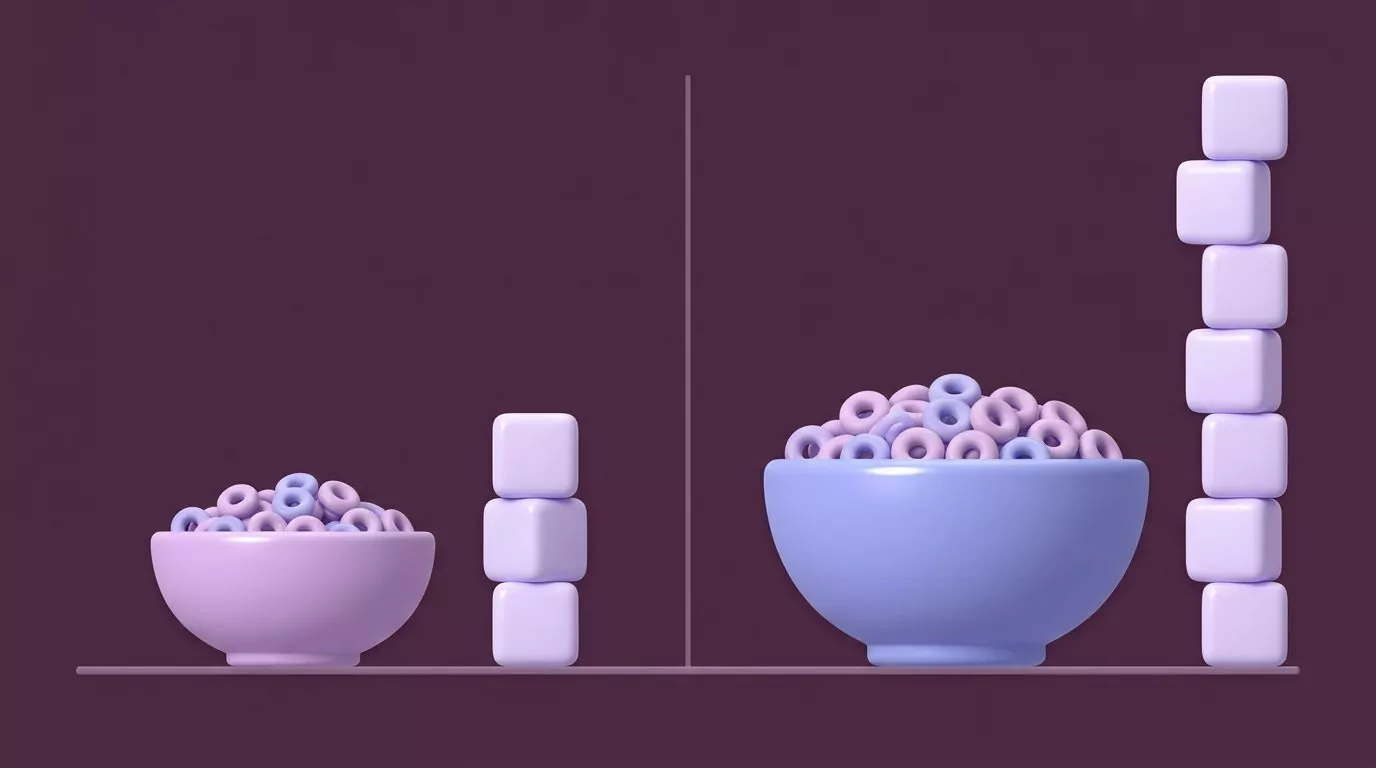 Small label serving with three sugar cubes next to a full bowl with a stack of seven sugar cubes