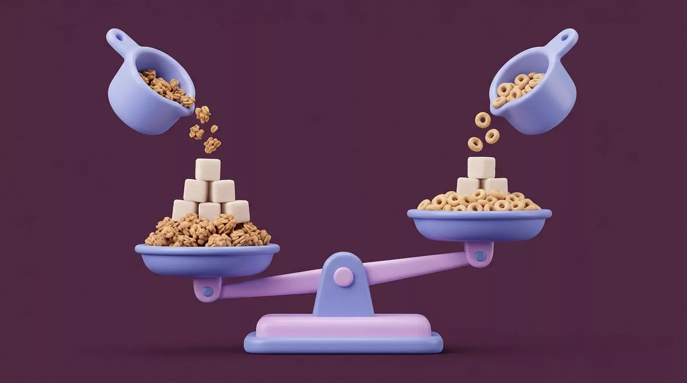 Balance scale tipping toward granola with six sugar cubes against three for kid cereal, poured from two identical cups