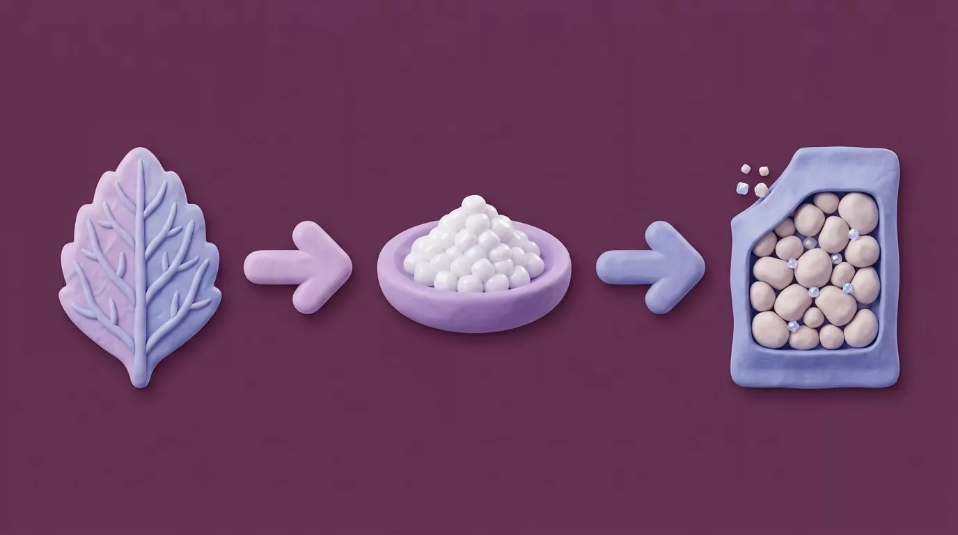 Three stage flow from stevia leaf to purified steviol glycosides to a packet mostly filled with bulking agents