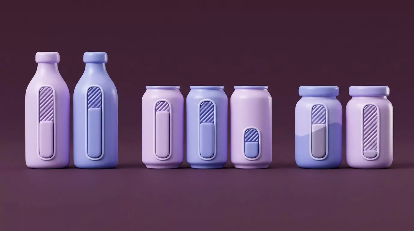 Bottles, cans and jars compared side by side, each fill bar split into natural and added sugar portions
