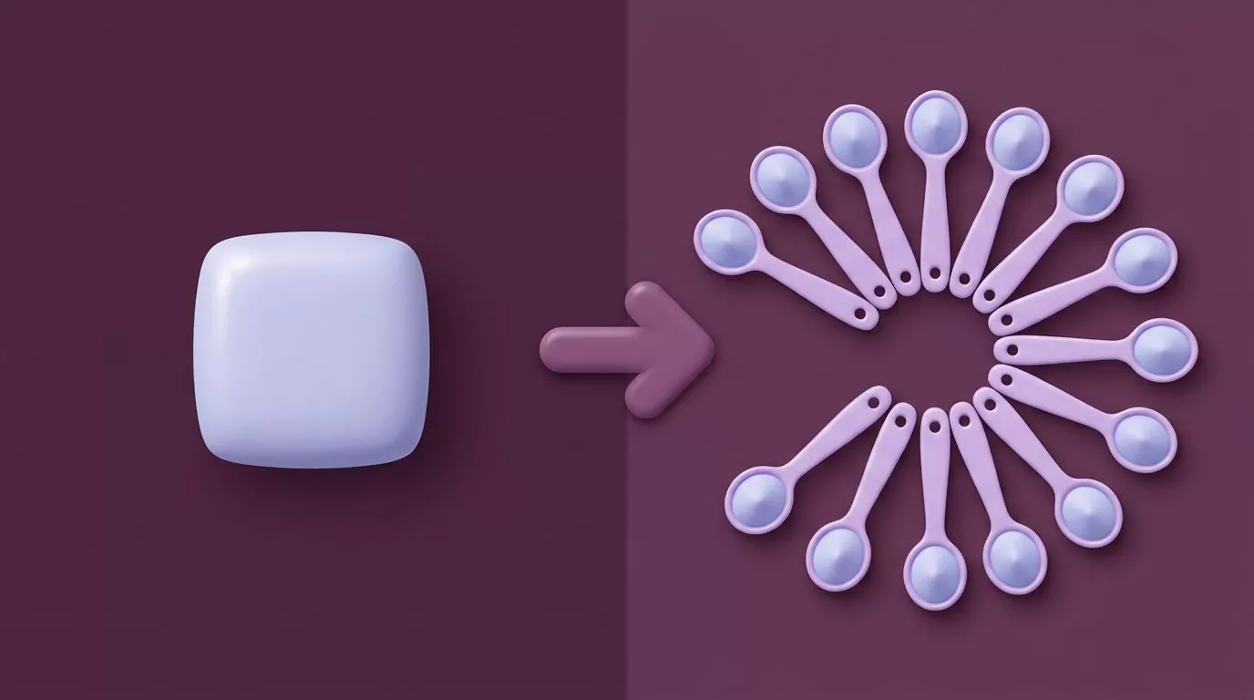 One block of sugar on the left turning into a fan of measuring teaspoons on the right