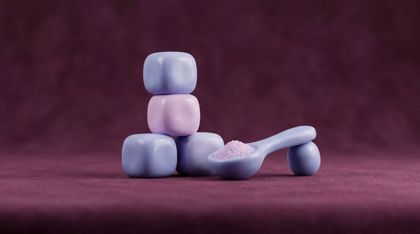 Stacked sugar cubes and a spoon of sugar illustrating how much sugar per day is recommended