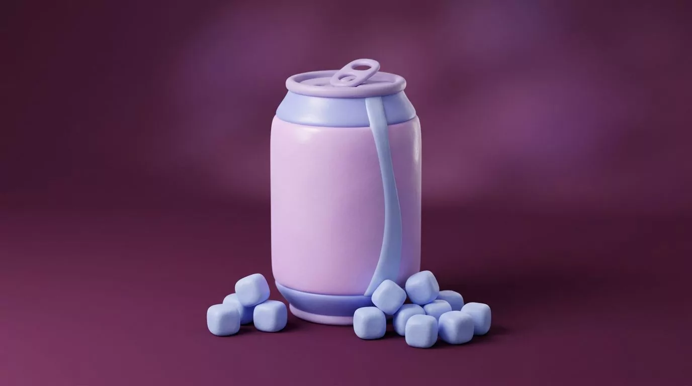 A soda can with a pile of sugar cubes at its base, showing how much sugar is in a can of soda
