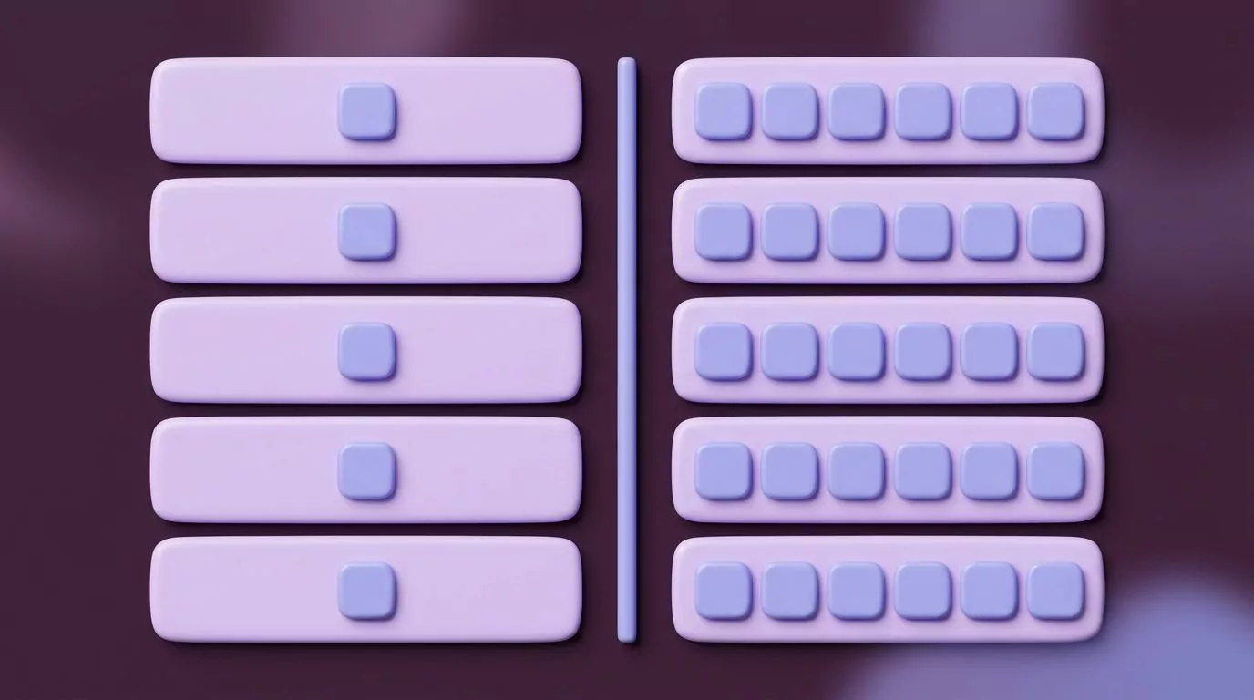 Food journal entries compared: five rows holding one field each beside five rows holding six fields each
