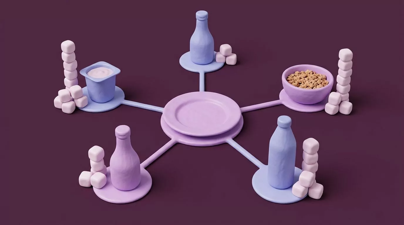 Plate linked to five added sugar sources, each with a different stack of sugar cubes
