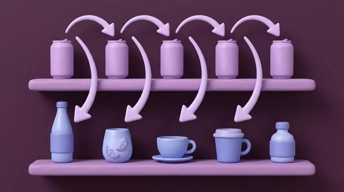 Row of soda cans with arrows pointing down to sparkling water, fruit water, tea and coffee soda alternatives