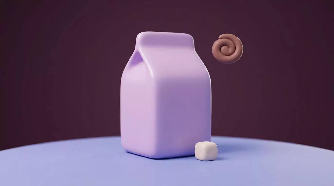 Milk carton with a cocoa swirl and one sugar cube, asking is chocolate milk healthy
