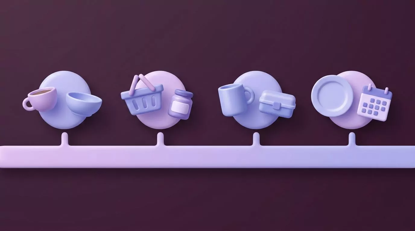Timeline showing four habit stacking groups across a day: morning drinks, shopping and kitchen, workday, and evening routines