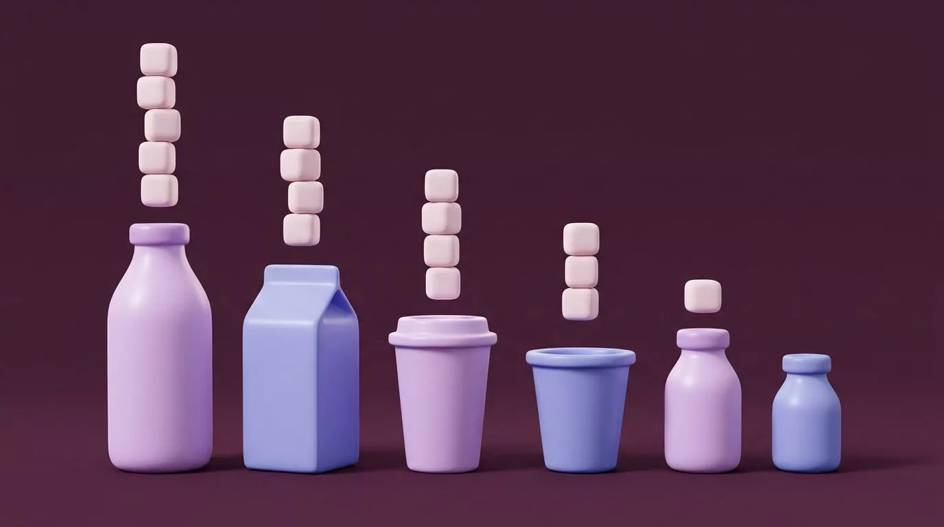 Six milk containers ranked by chocolate milk sugar, cube stacks falling from five down to none