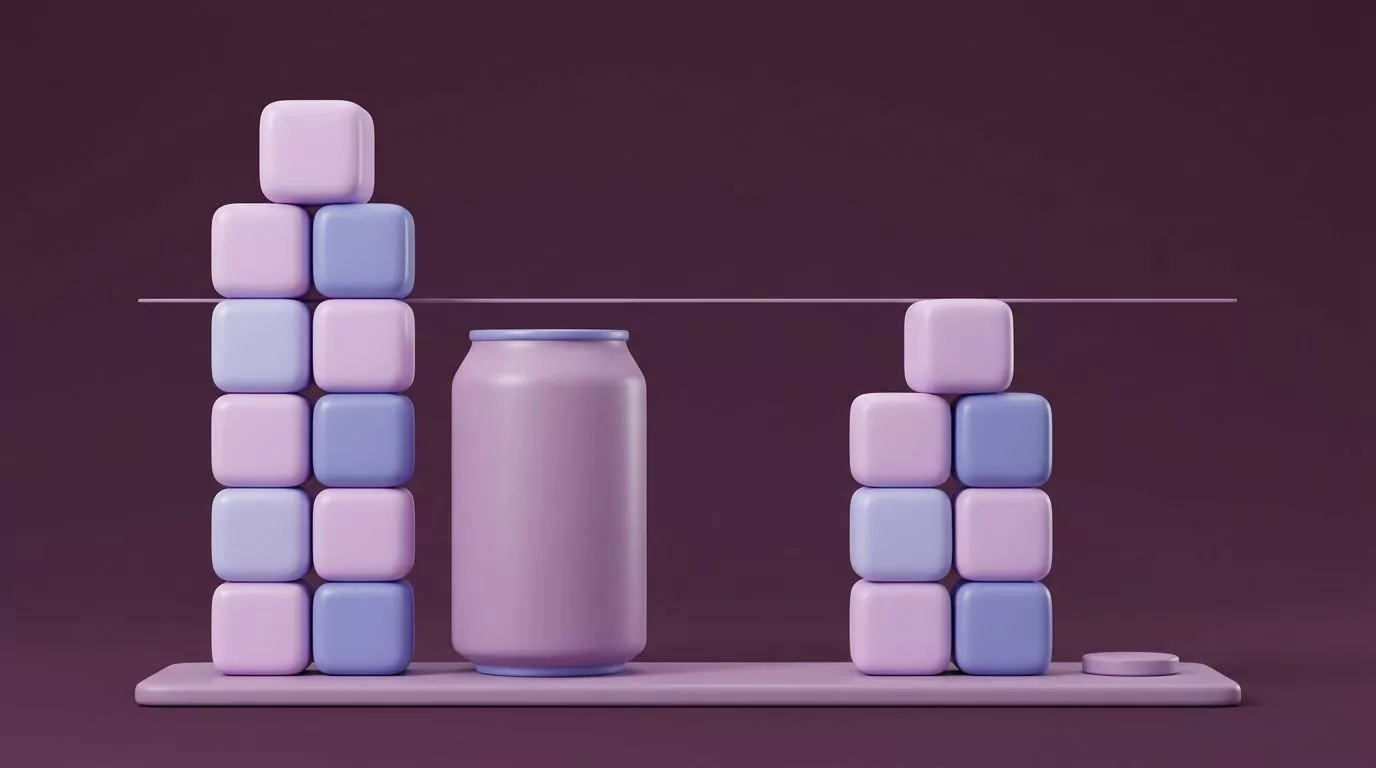 Tall stack of sugar cubes for one can of soda rising above a shorter stack marking the daily limit