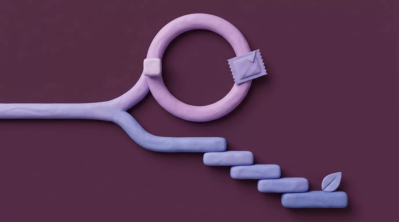 A path splitting into a closed loop between sugar and a stevia packet, and a descending staircase toward less sweetness