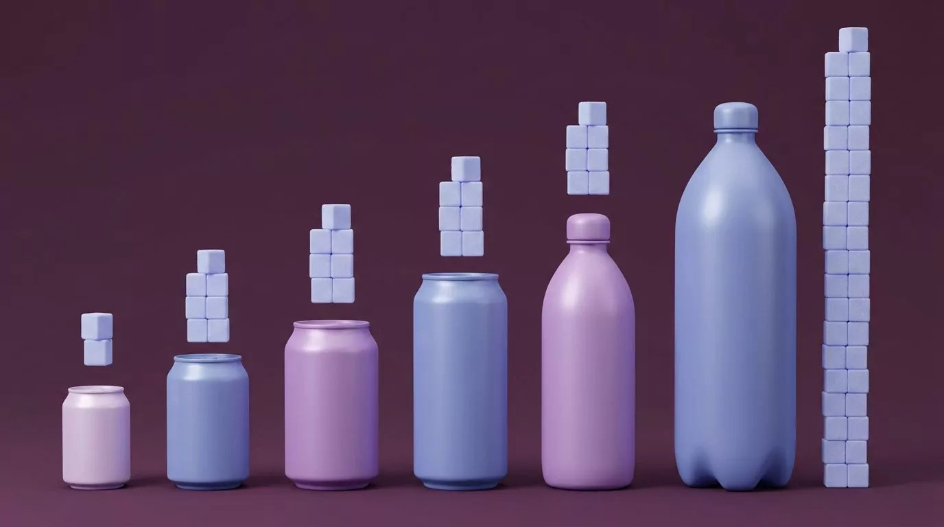 Six soda containers in a row with sugar cube stacks growing taller as each container gets bigger