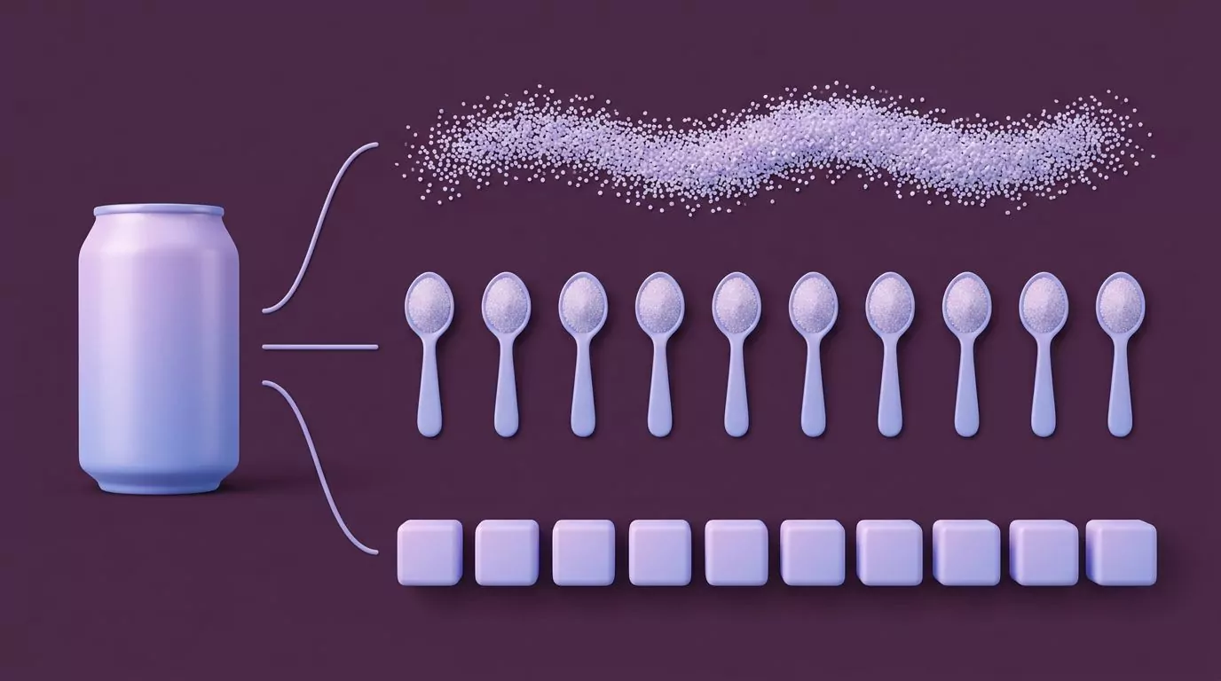 How much sugar in a can of Coke, drawn three ways: a row of loose grains, ten teaspoons, and ten sugar cubes