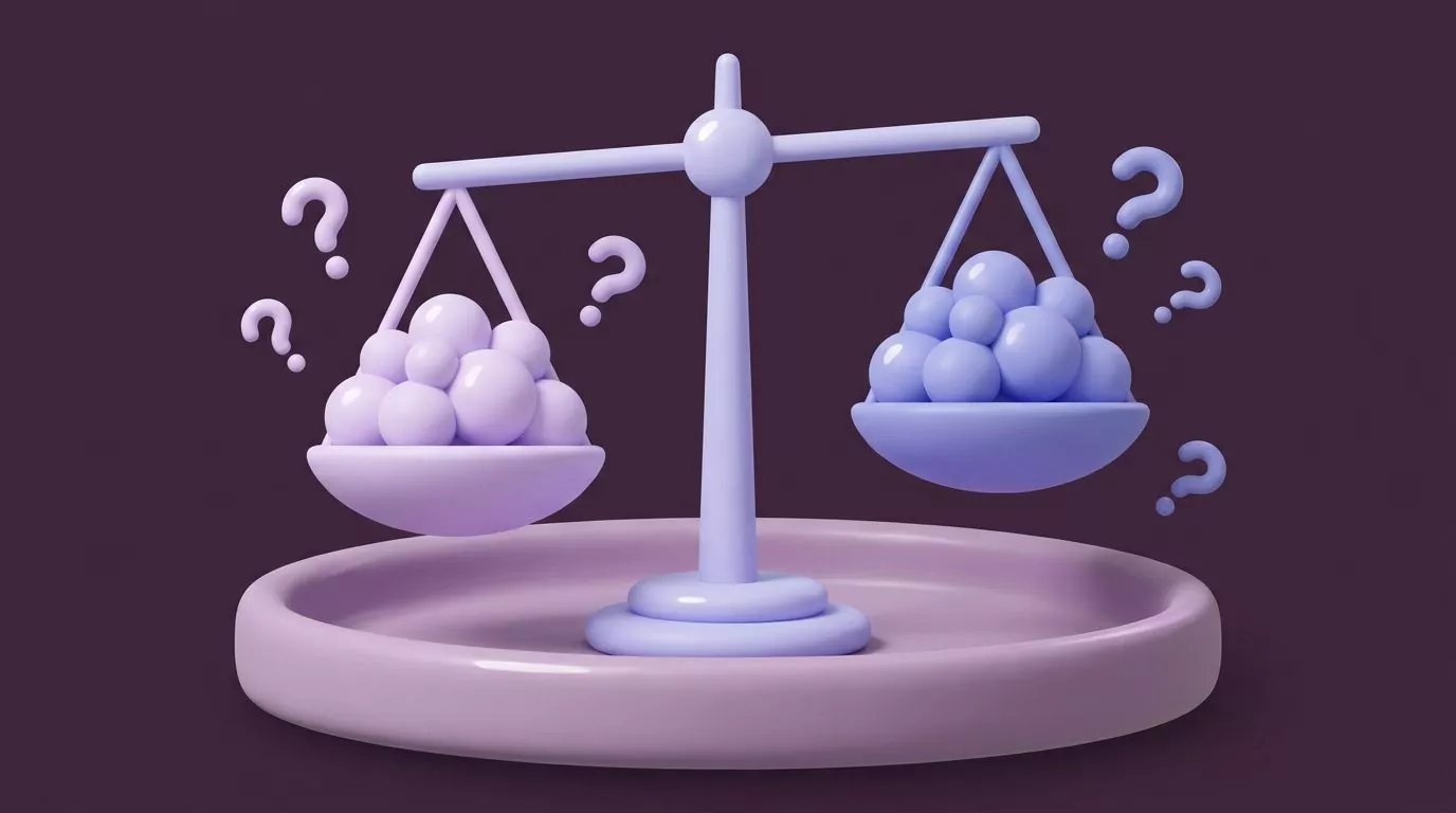 A nearly level balance scale weighing helpful against harmful gut bacteria findings on stevia, surrounded by question marks