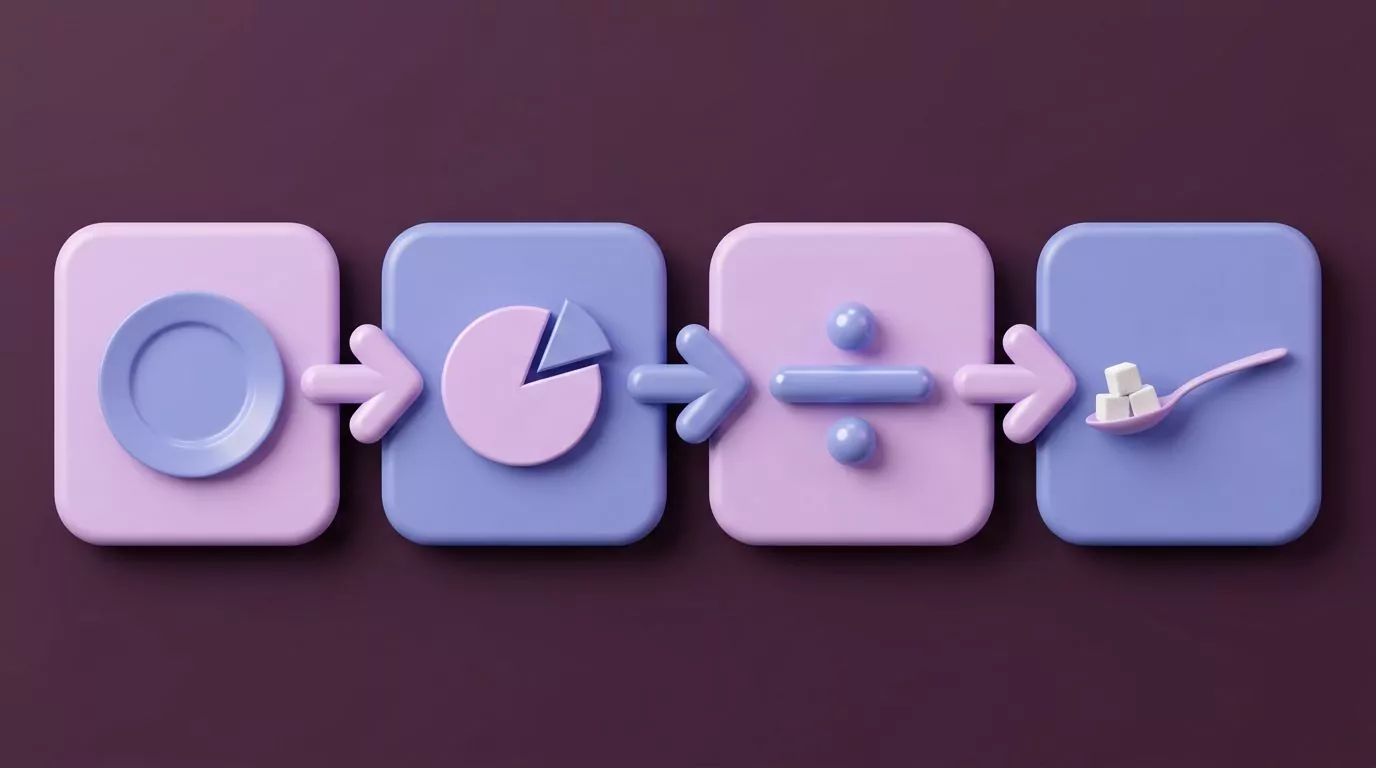 Four step flow turning daily calories into a percentage, then dividing by four to get a personal sugar limit in teaspoons