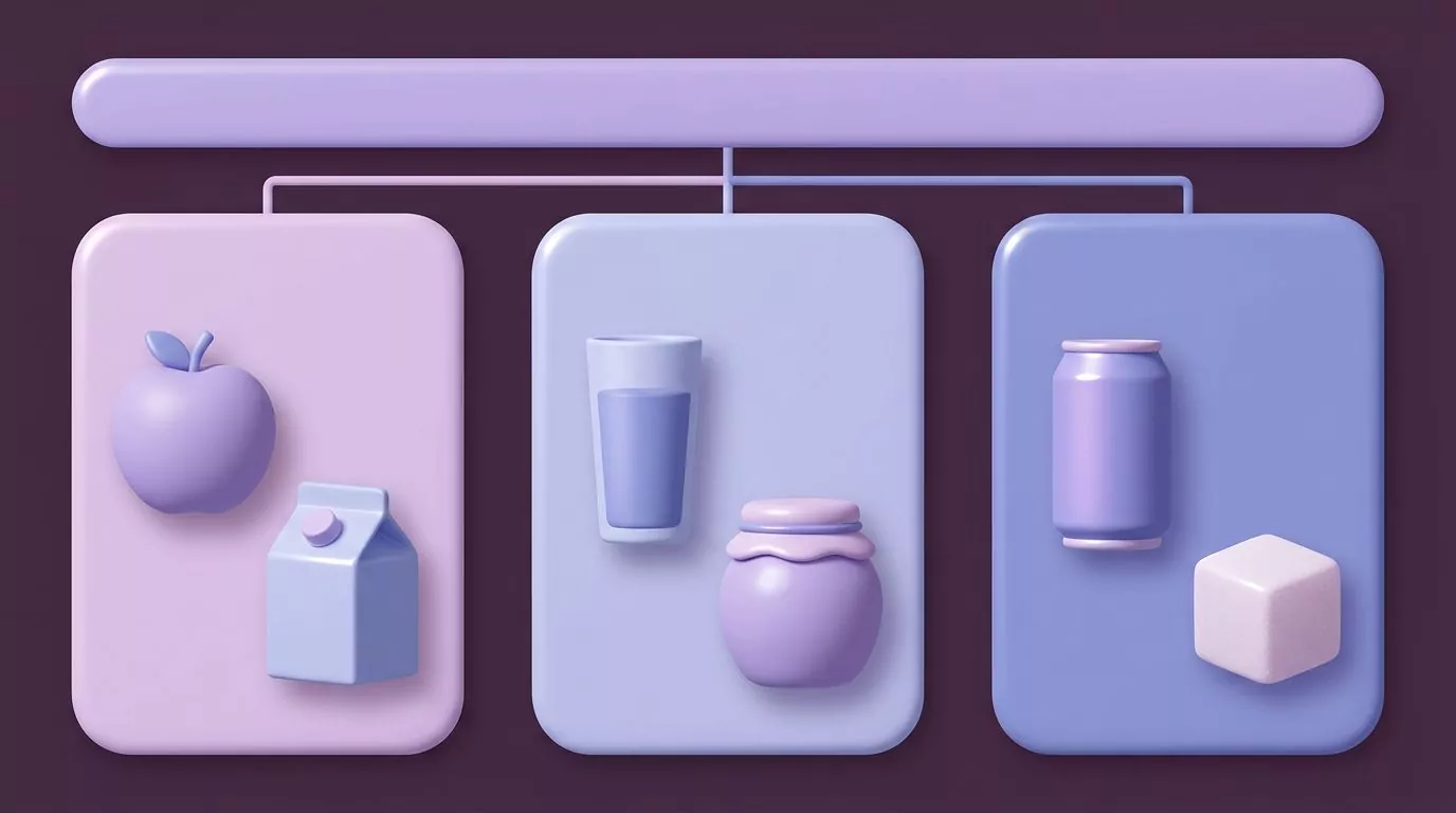 Three column diagram sorting whole fruit and milk, juice and honey, and soda and table sugar by which limits count them