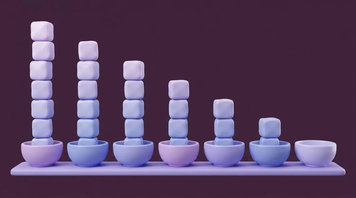 Row of cereal bowls with sugar cube stacks falling from seven cubes down to zero across the sugar in cereal chart