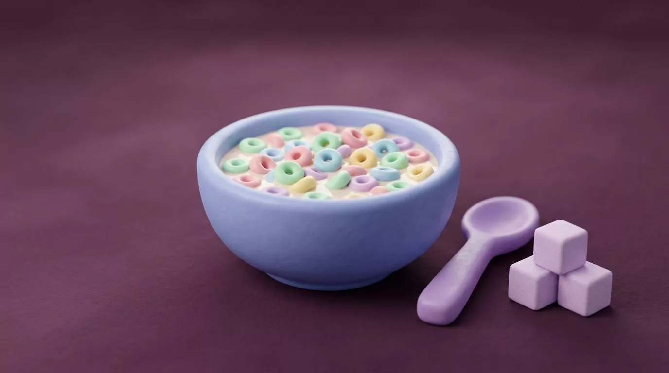 Bowl of cereal, a spoon and stacked sugar cubes illustrating sugar in breakfast cereal